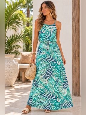 Serra Maxi Large Tropical Palm Leaf Maxi Dress Green Pink Stretch Rayon Spandex